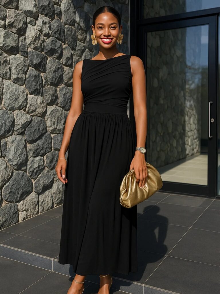 A smiling woman posing in a long, sleeveless black maxi dress and gold accessories.