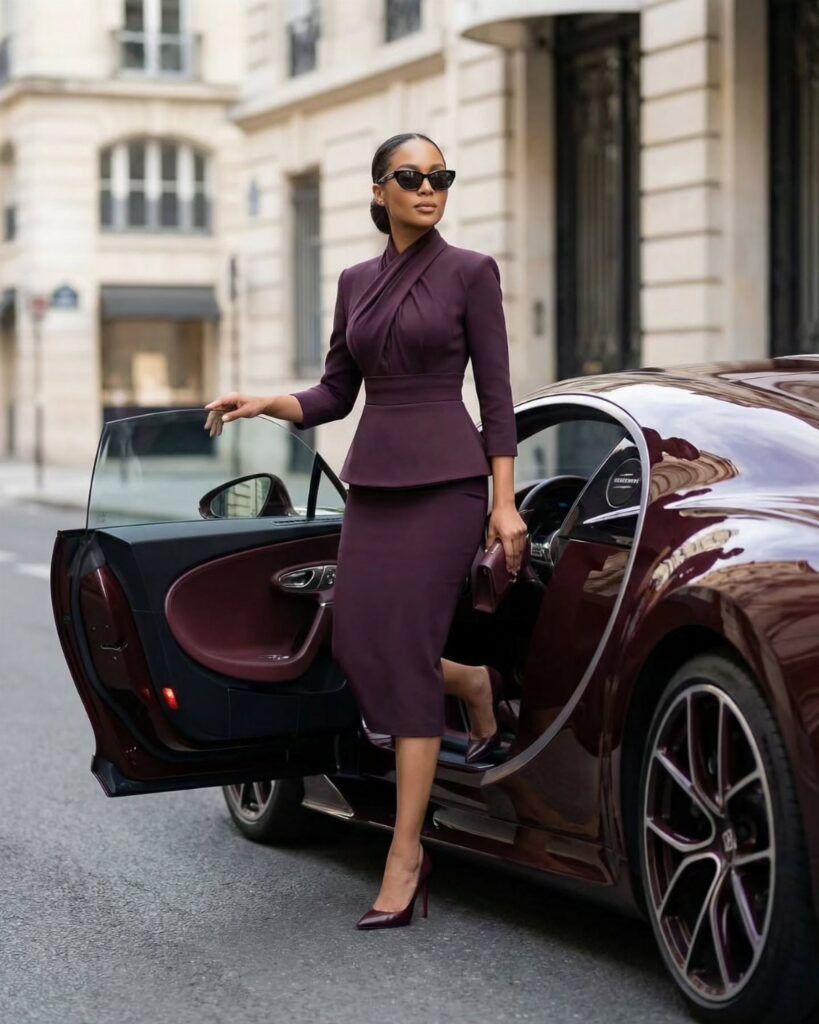 Woman in a tailored plum skirt suit standing next to a luxury car on a city street.