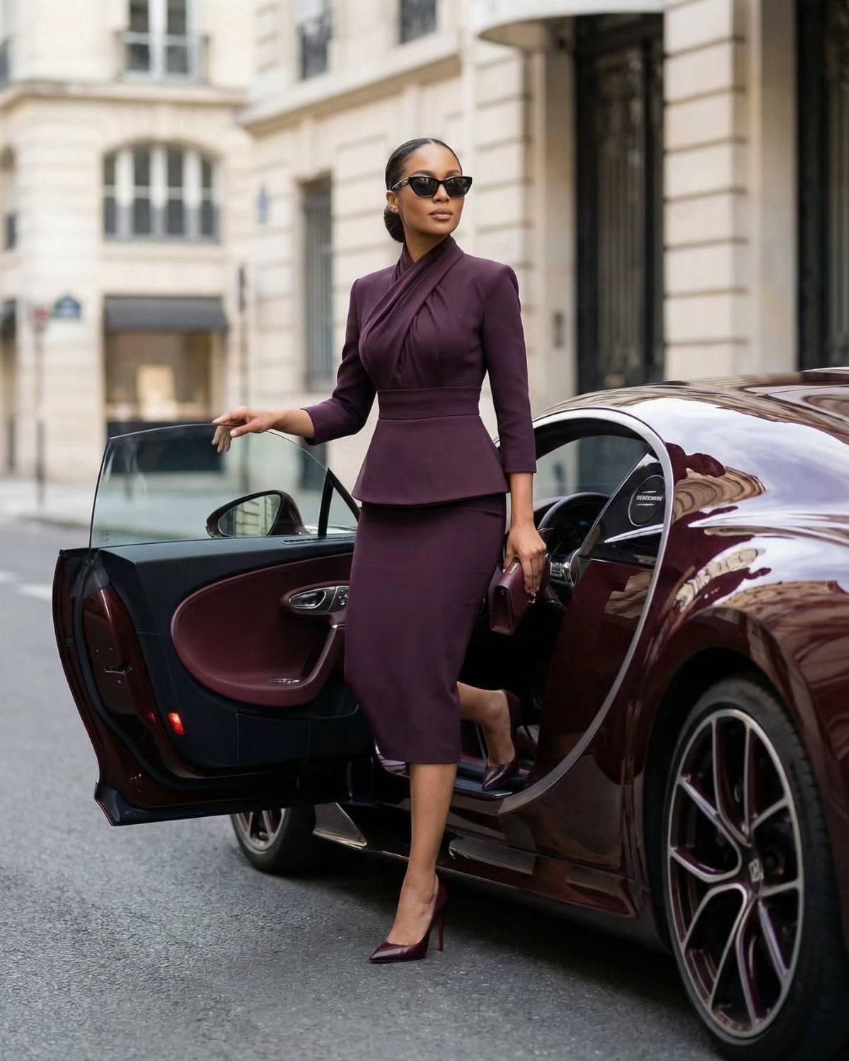 Woman in a tailored plum skirt suit standing next to a luxury car on a city street.