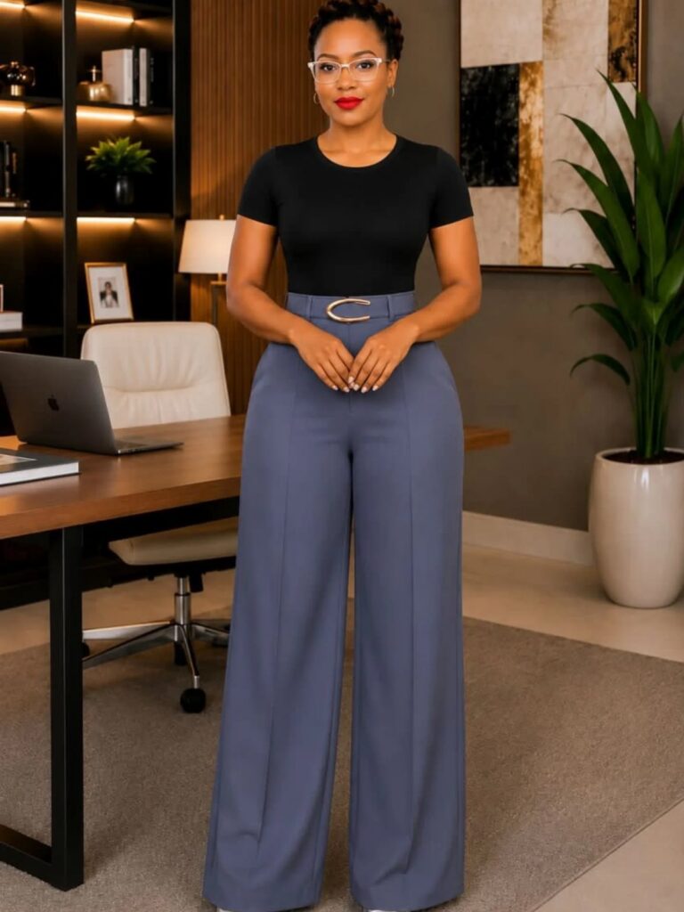 A woman posing in a black top and wide-leg blue dress pants in an office.