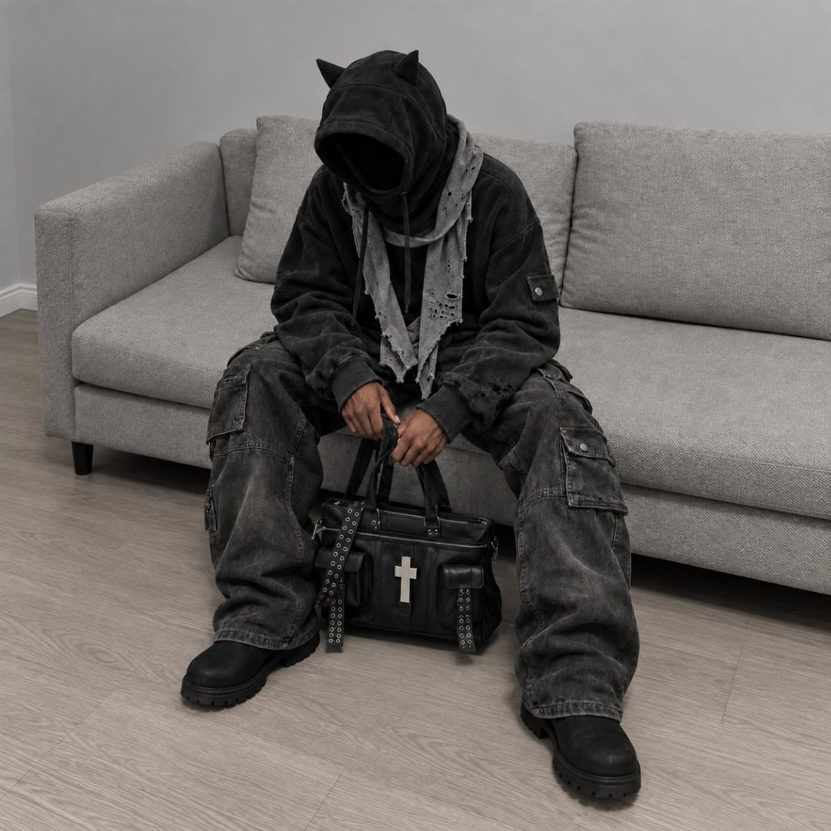 Person in black monochromatic cargo pants outfit sitting on a grey sofa with a black handbag.
