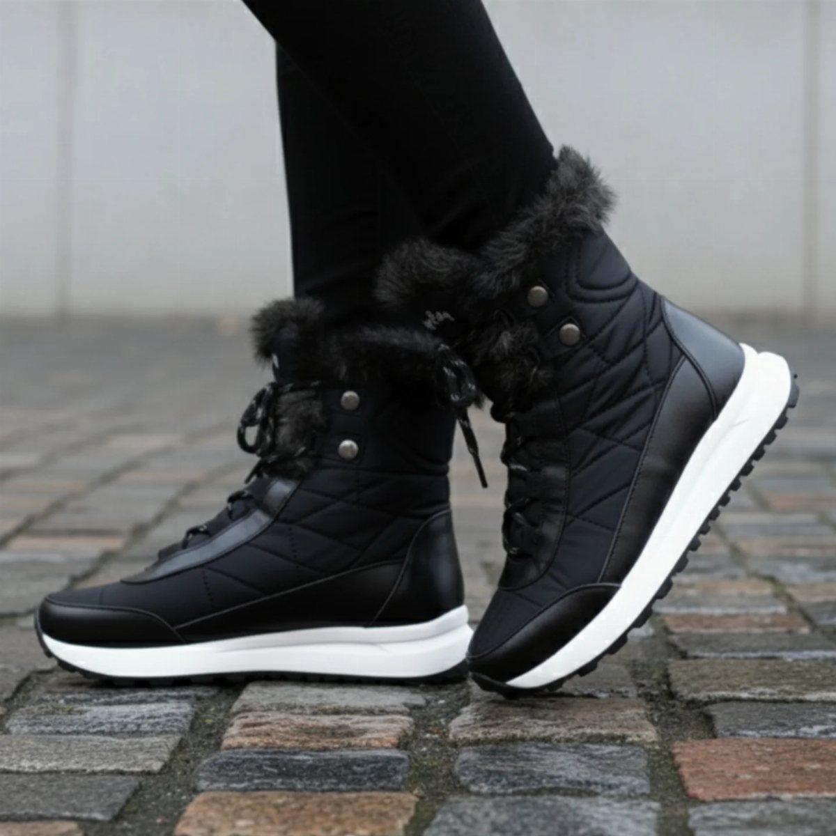 Black quilted winter boots with faux fur trim and white soles on cobblestone.