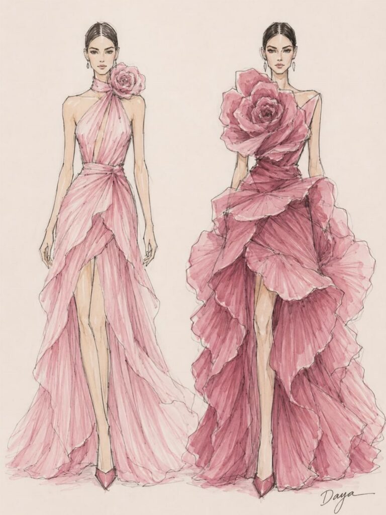 Two fashion sketches of women wearing elegant, pink ruffled evening gowns with large rose details.