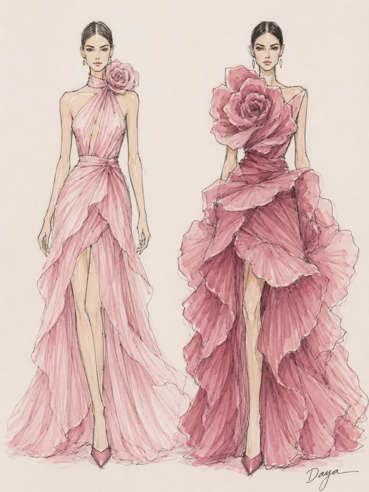 Two fashion sketches of women wearing elegant, pink ruffled evening gowns with large rose details.