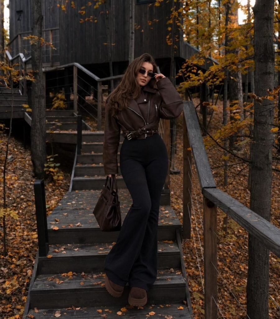 A woman wearing a brown leather jacket and black flared pants standing on wooden stairs.