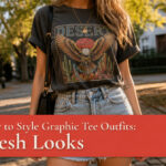 A model wearing a graphic tee with a stylish blazer and jeans.