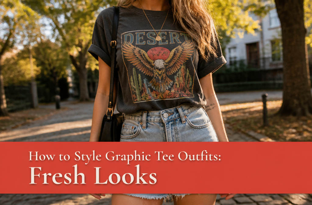 A model wearing a graphic tee with a stylish blazer and jeans.