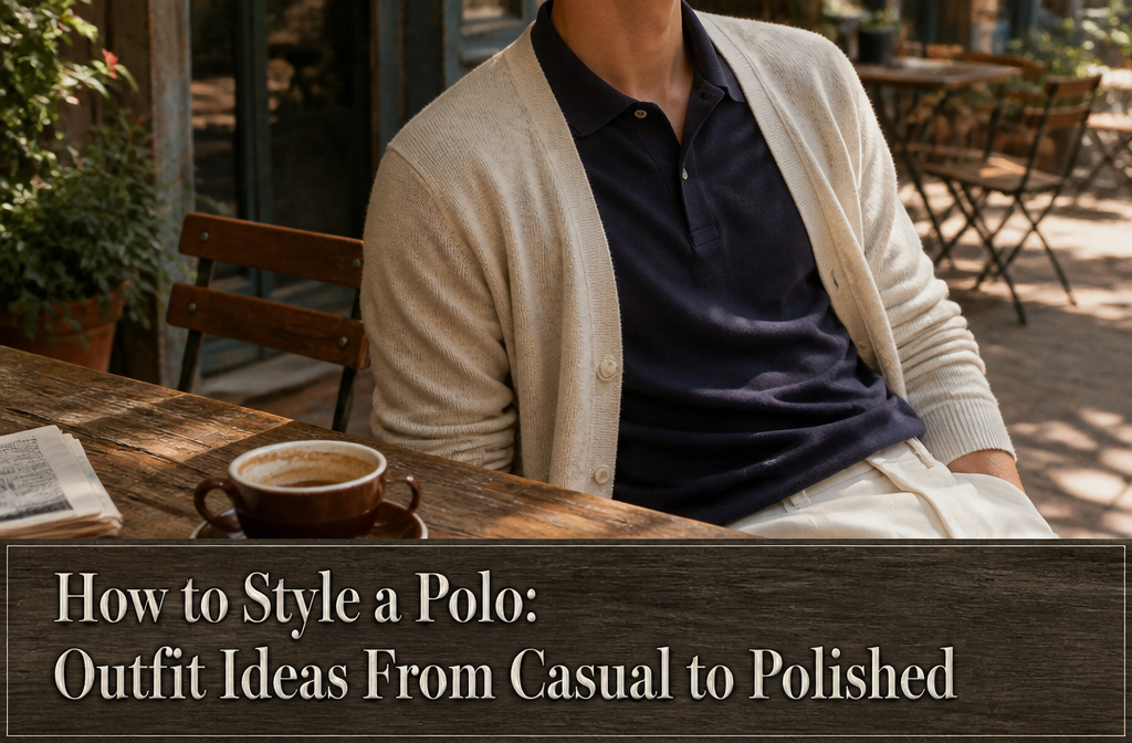 A model wearing a polo shirt with various outfit combinations.