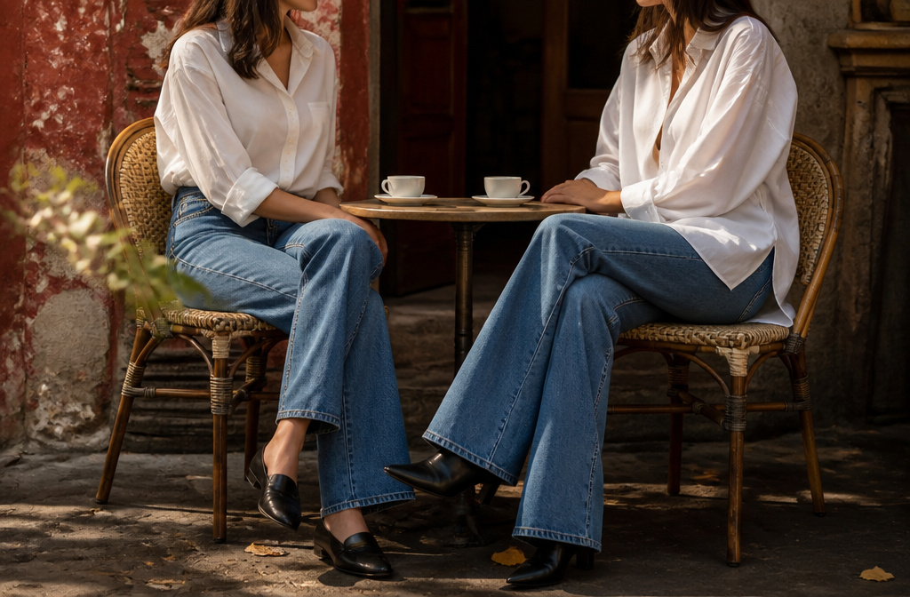 Model wearing a white shirt and jeans in a fashionable pose.