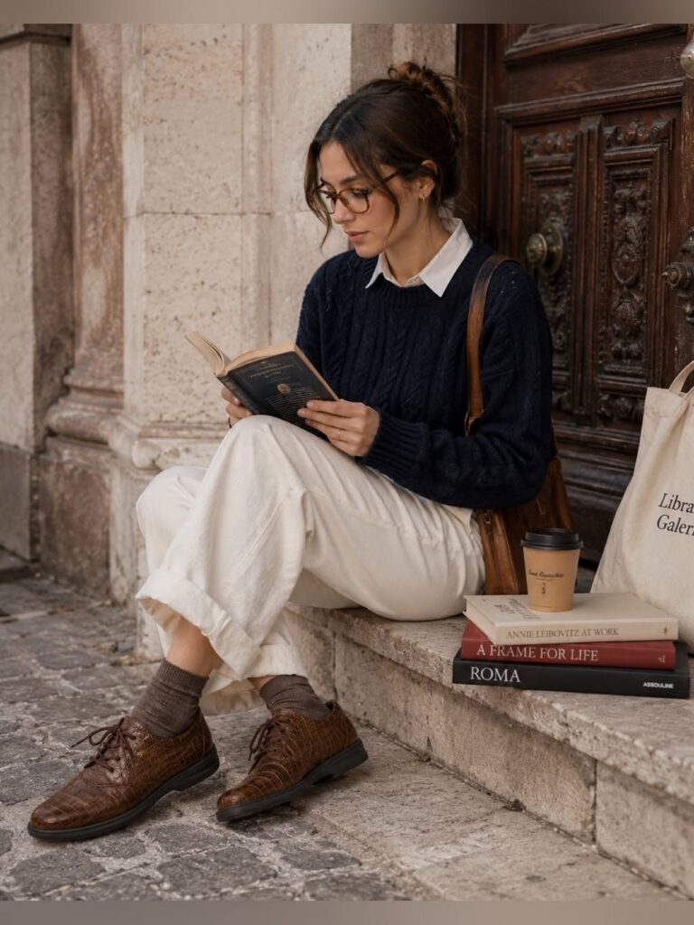 Woman in navy sweater and white trousers sitting on steps reading a book while wearing brown oxfords.