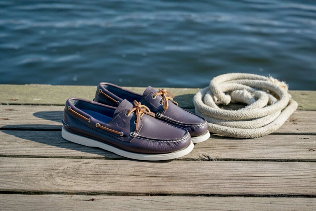 Dark brown leather boat shoes with white soles resting on a wooden dock near coiled rope.
