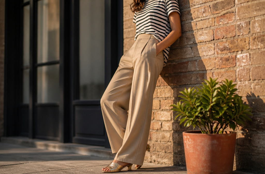 A collection of striped t-shirt outfit ideas displayed in an urban environment.